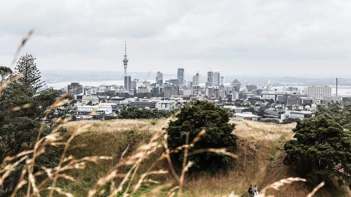 Auckland city and the Sky Tower seen from Mt Eden, New Zealand